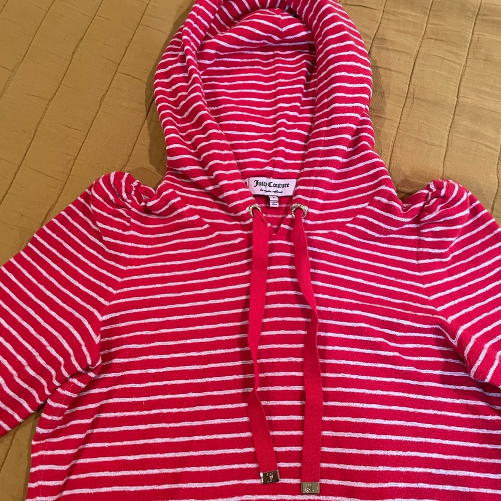 Juicy Couture terry hoodie with tufted shoulder size S. Red/white stripe.